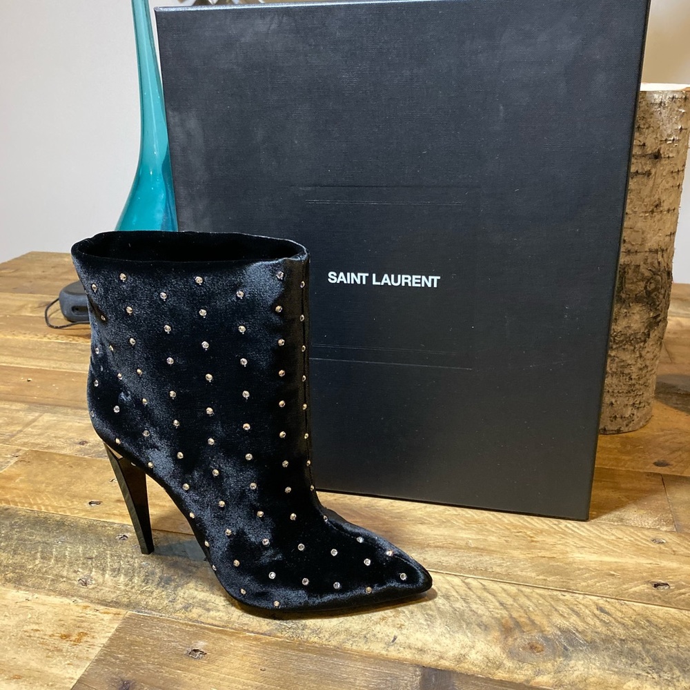 Saint Laurent Freja Crystal Studded Velvet Boots - Picture 6 of 8